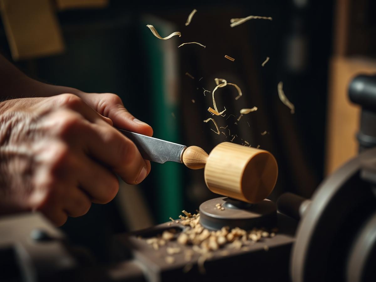 A chisel shaping a spinning pen blank on the lathe