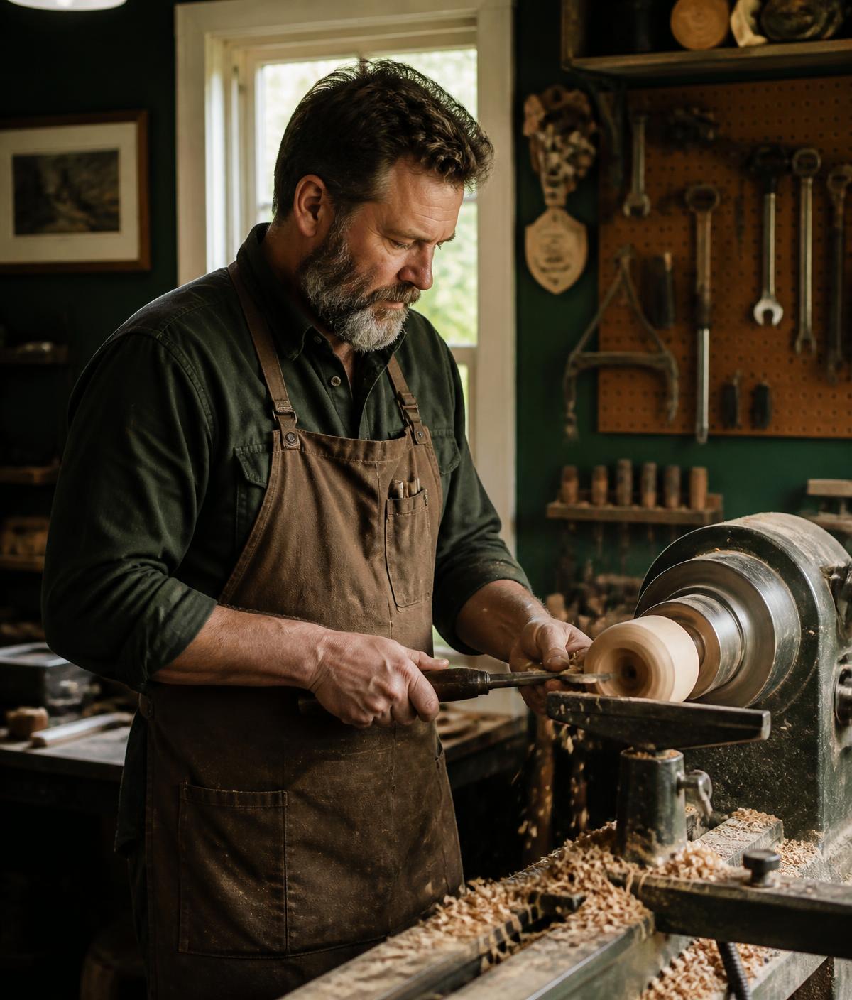 Michael Schindewolf turning a wooden blank on the lathe in his workshop