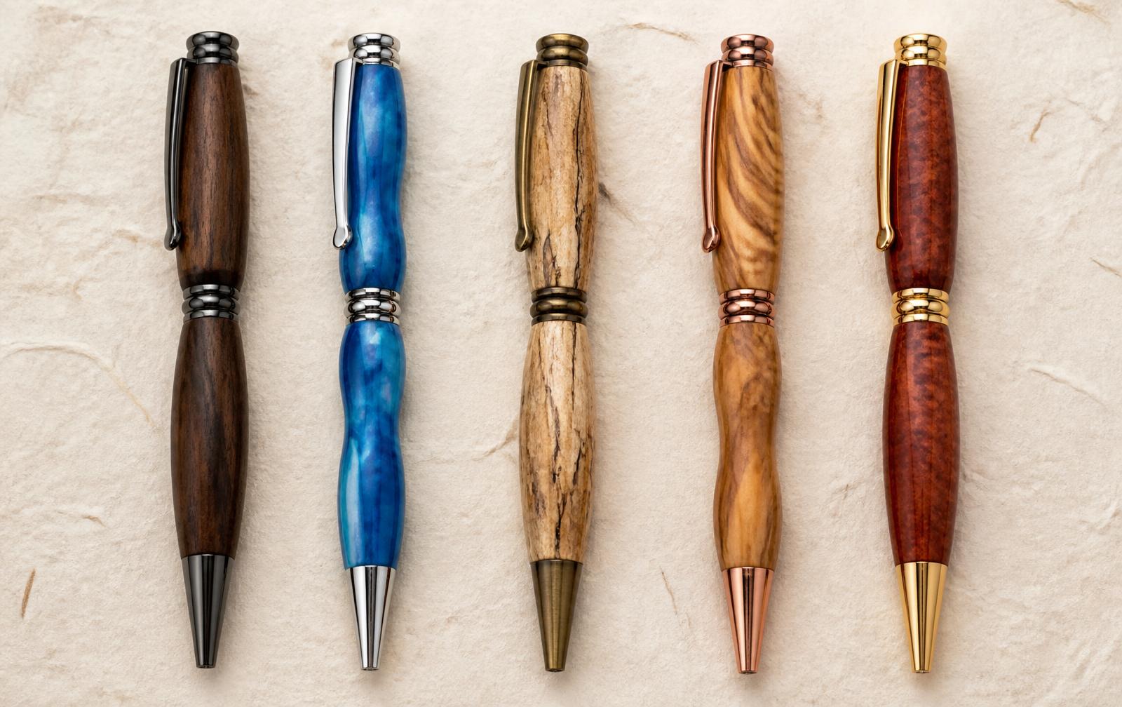 Five finished pens in different woods, acrylics, and hardware finishes